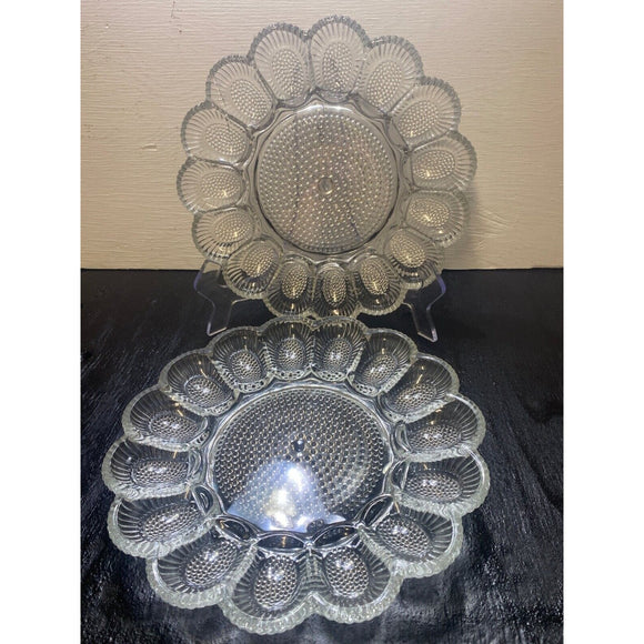 Set Of 2 Indiana Glass Deviled Egg Hobnail Plates Platters