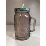 Pioneer Woman 32 Oz Pink Glass Wide Mouth Mason Drinking Jar w Cover and Straw