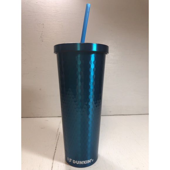 Dunkin' Donuts Metalic Blue Hammered Stainless Sipper 2021 Tumbler 24 OZ.