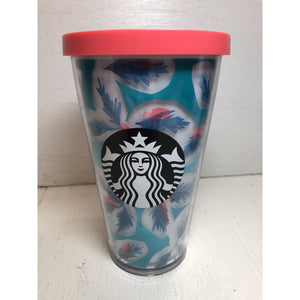 Starbucks 16 Oz Floral Teal Feather Tumbler Screw Lid Summer Cup (no Straw)