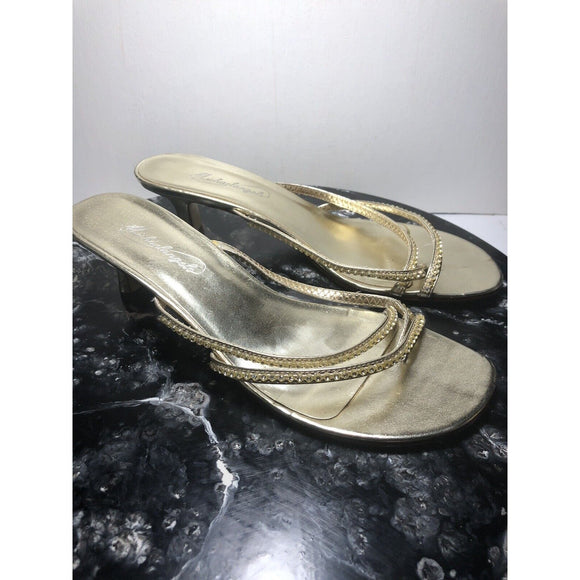 Davids Bridal MICHAELANGELO Marly Gold & Rhinestone Sandals Heels, Size 8.5M