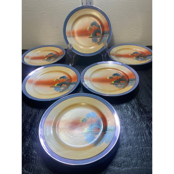 Set Of 6 Made In Japan Sunset Lake Plates 7 3/8